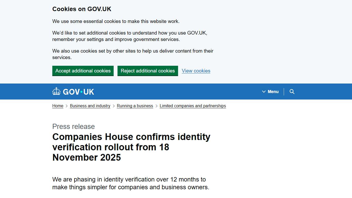 Companies House confirms identity verification rollout from 18 November 2025 - GOV.UK